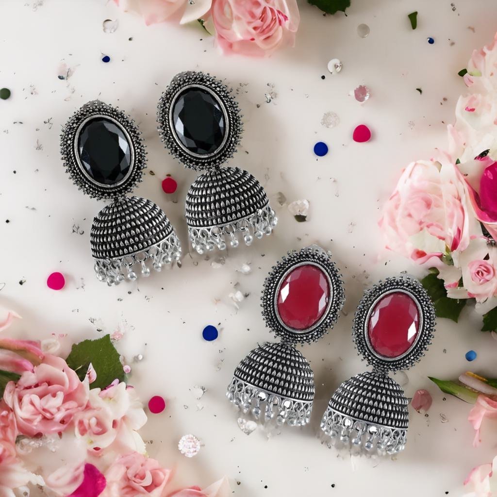 Oxidised Silver Jhunka/Jhumki Earrings Combo Set image 2