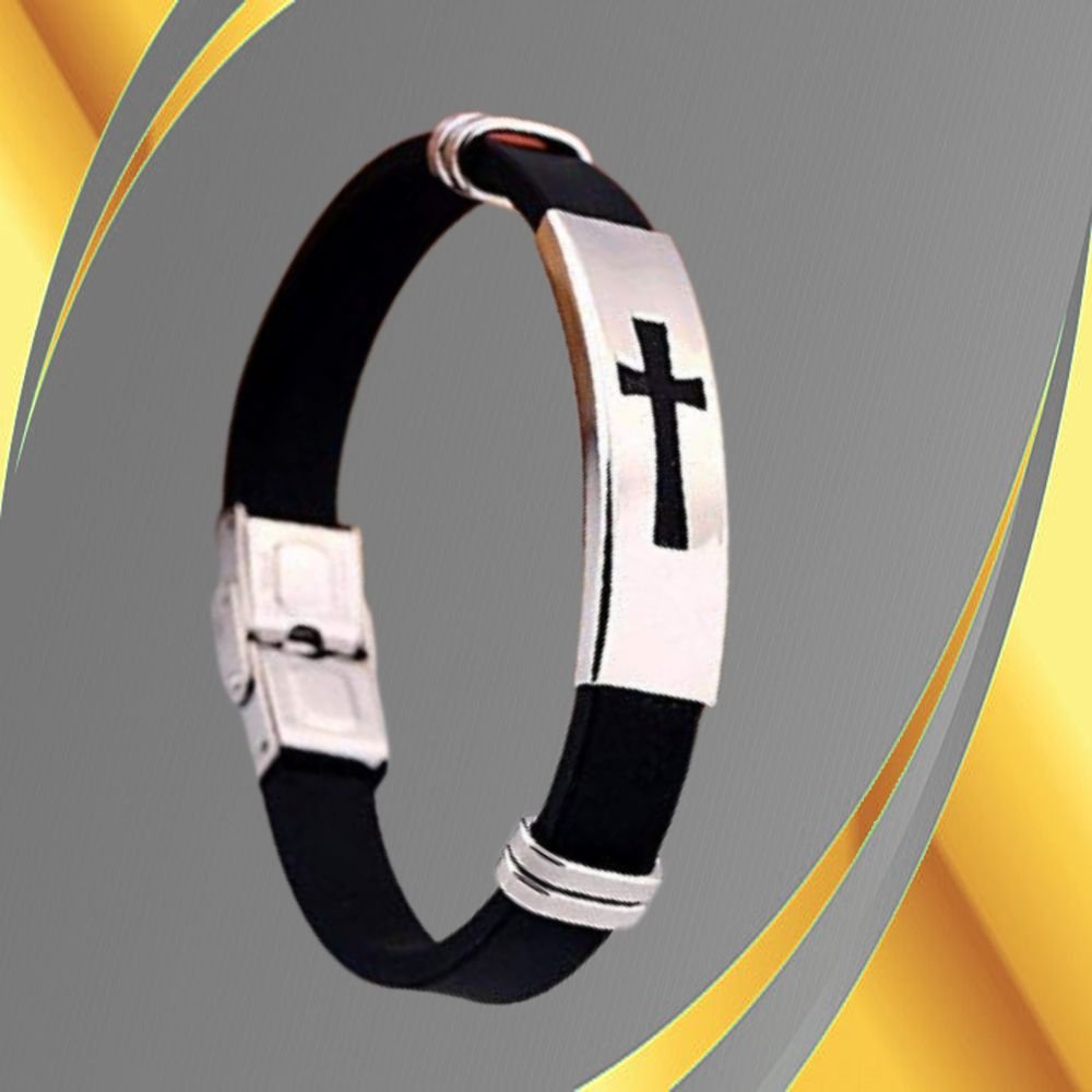 Black PU Leather Christian Cross Bracelet for Men image 2