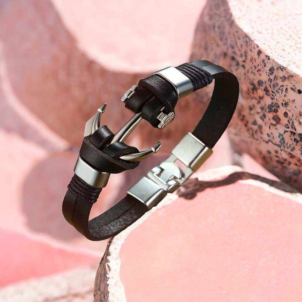 Unisex Silver-Plated Anchor Black Leather Bracelet image 8