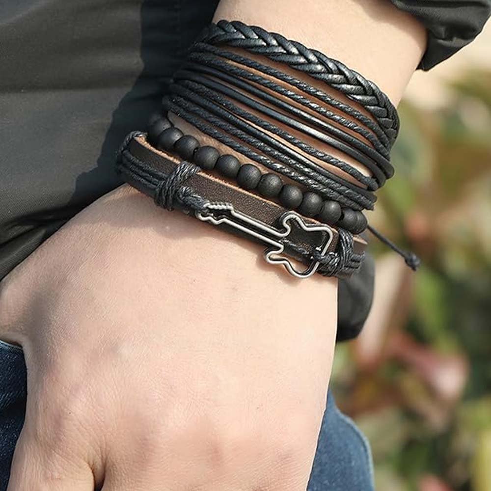 Men's Silver-Plated Guitar Beaded Leather Bracelet image 3
