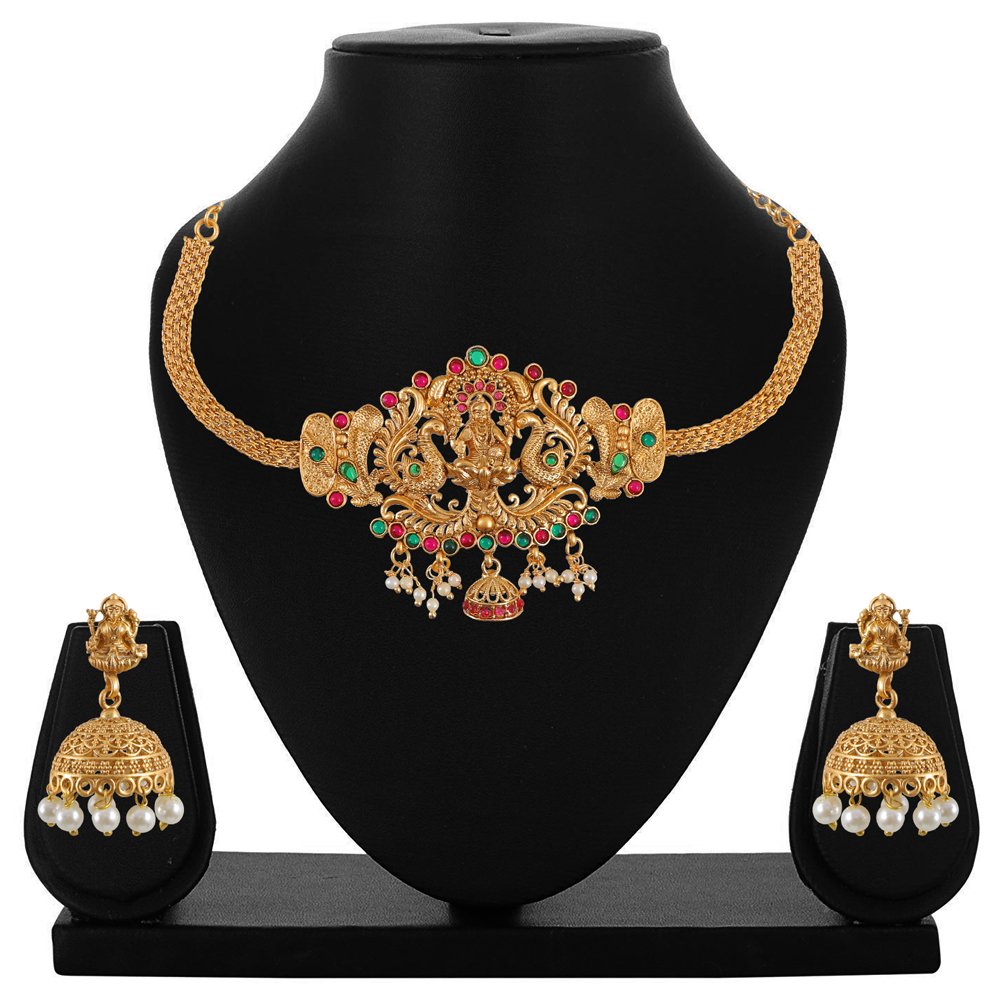 Women's Gold-Plated Goddess Lakshmi Temple Choker Jewellery Set image 3
