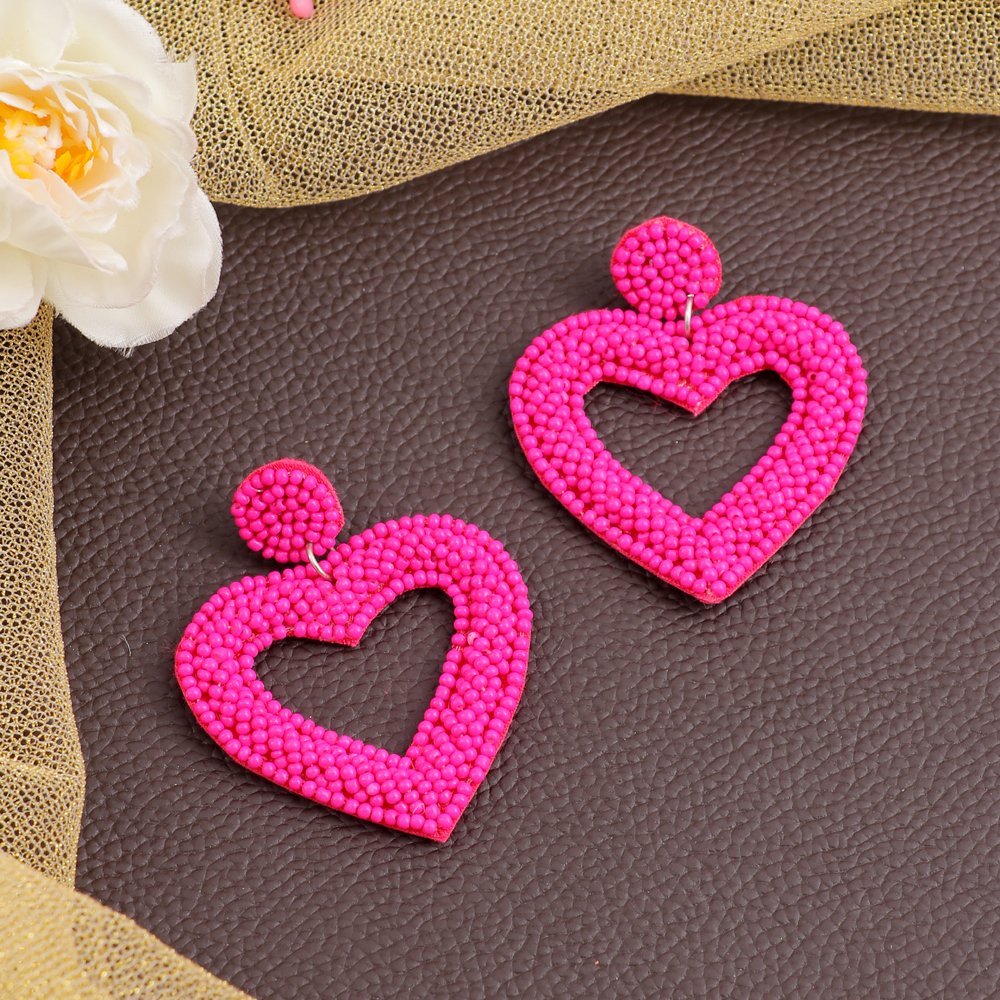Valentine Beaded Hot Pink Heart Drop & Dangler Earrings image 0