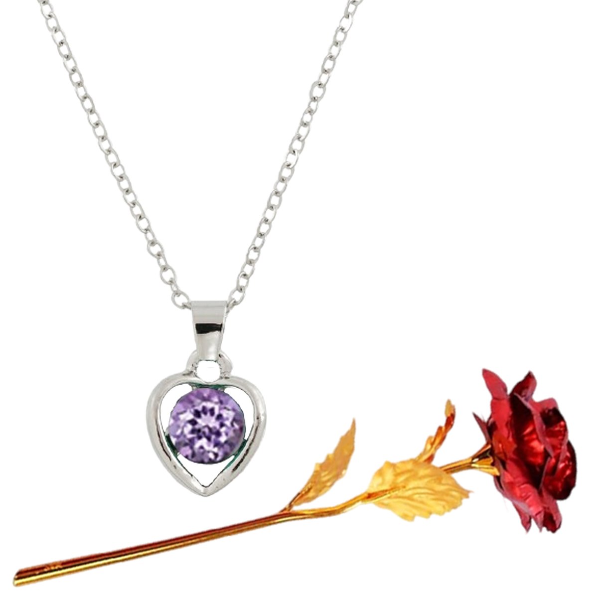 Valentine's Day Heart Pendant Chain & Red Rose Combo Set image 1