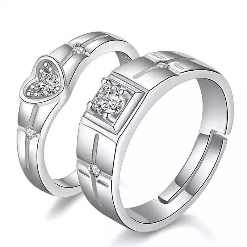 Silver-Plated Heart Crystal Studded Couple Ring image 2