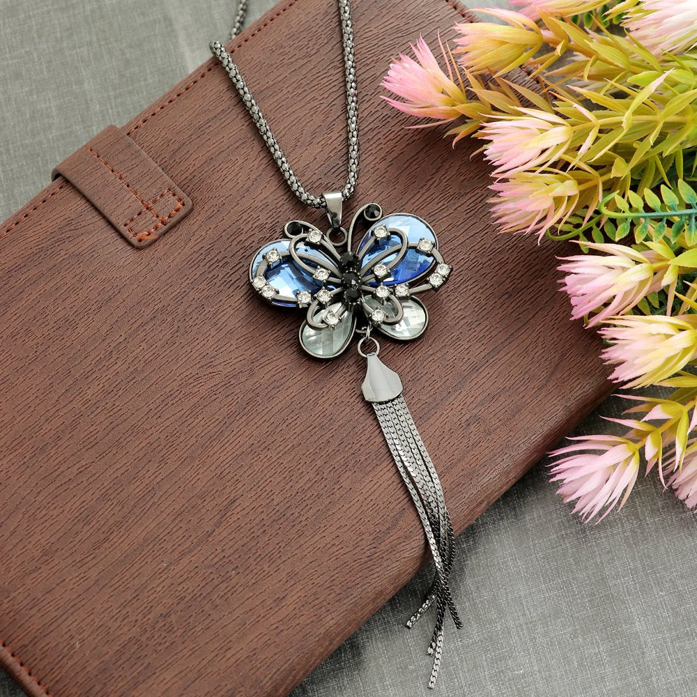Silver-Plated Blue Crystal Stud Long Tassel Butterfly Pendant Necklace image 0