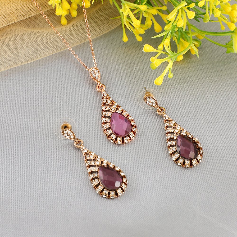 Gold-Plated Purple Crystal Retro Drop Necklace & Earring (Jewellery Set) image 0