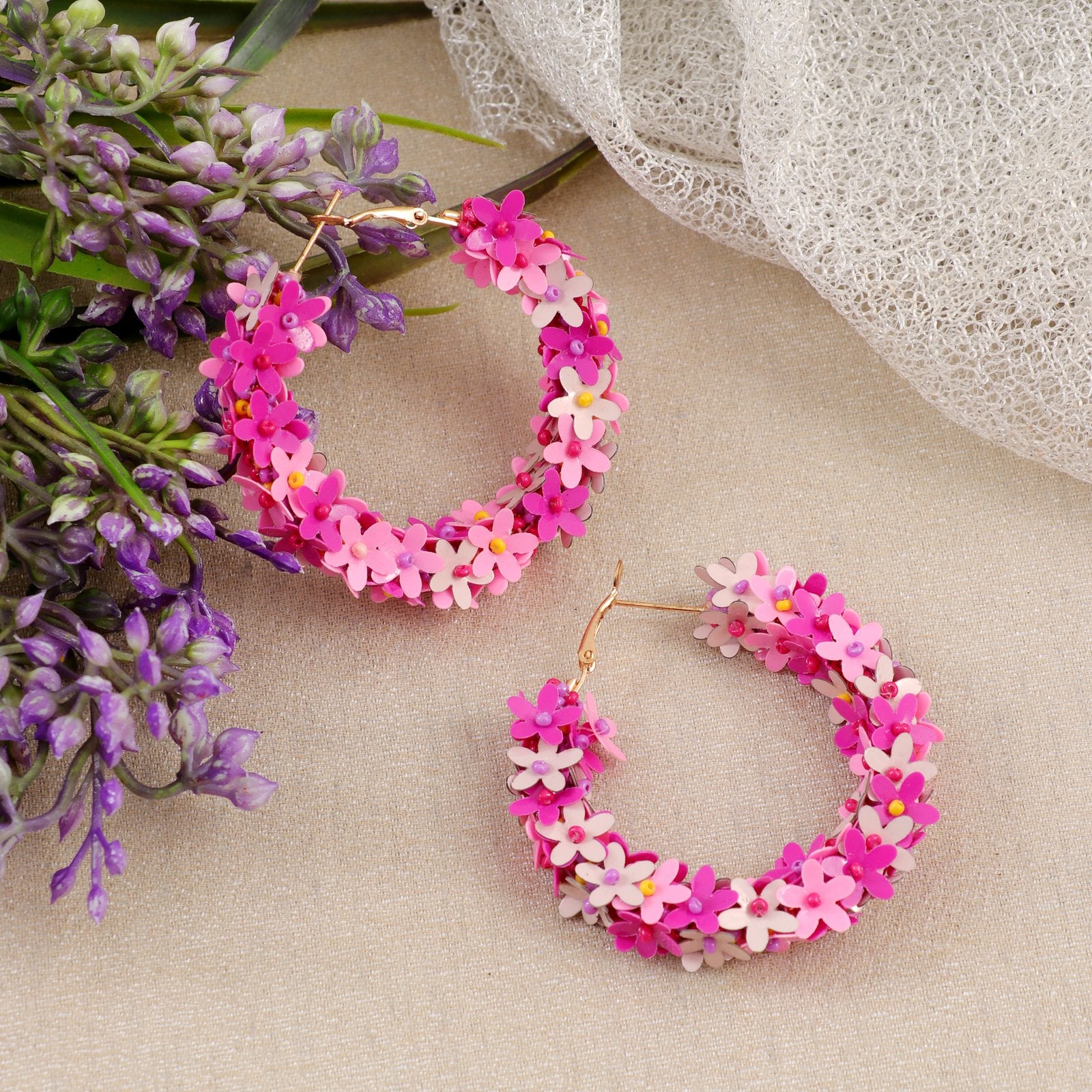 Beaded Pink Floral Hoop Earrings image 0
