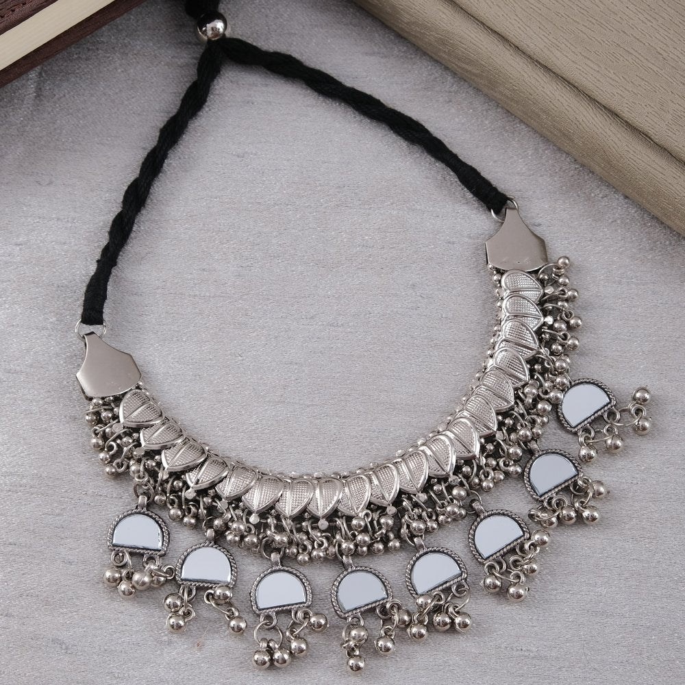 Oxidized Silver Mirror Ghunghroo Choker Necklace image 2