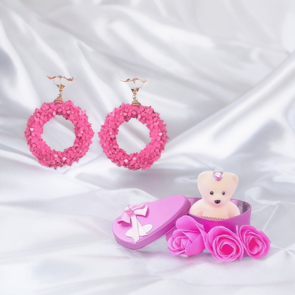 Handmade Drop Dangle Earrings With Pink Teddy Bear Gift Combo Set image 0