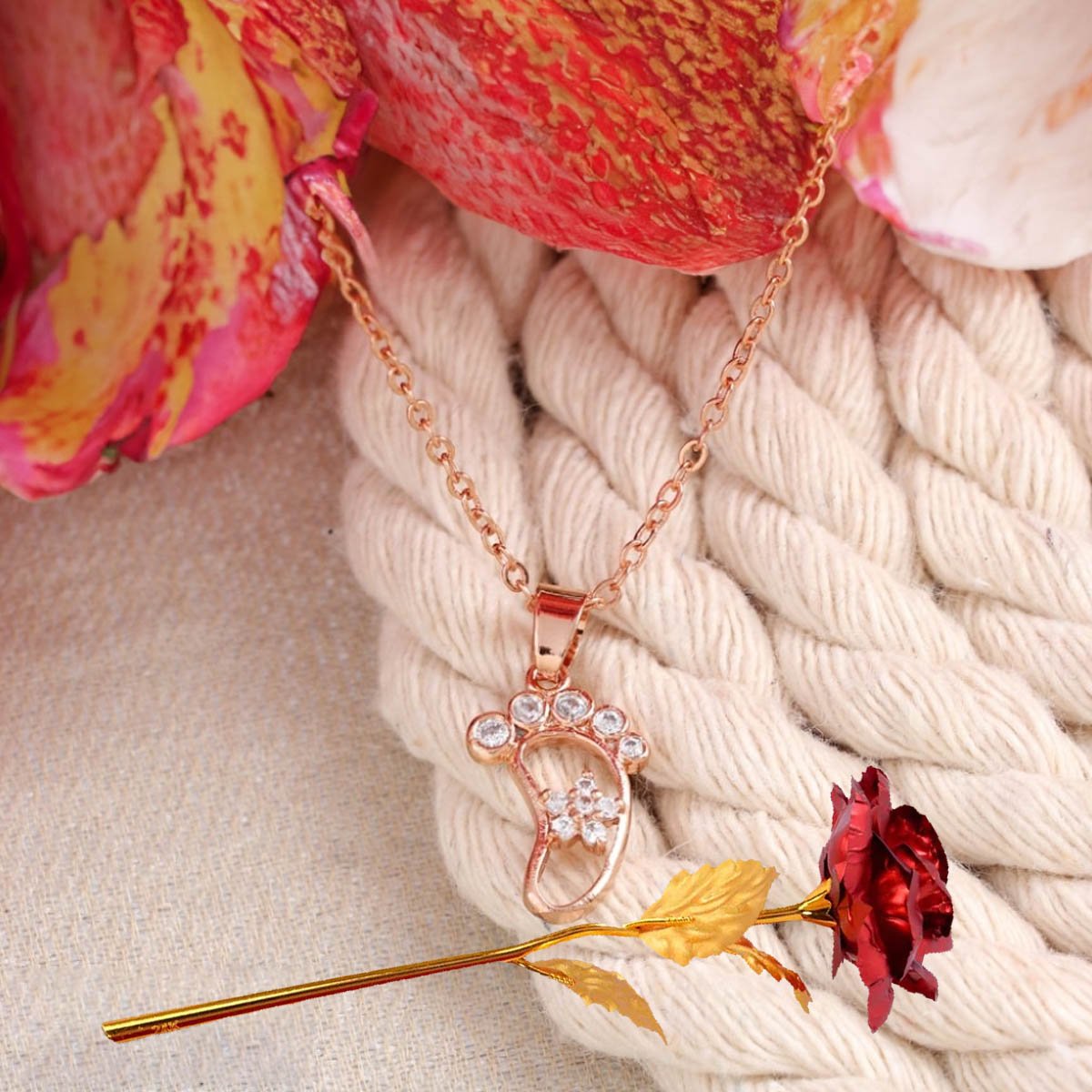Valentine's Day Baby Foot Pendant Chain & Red Rose Combo Set image 0