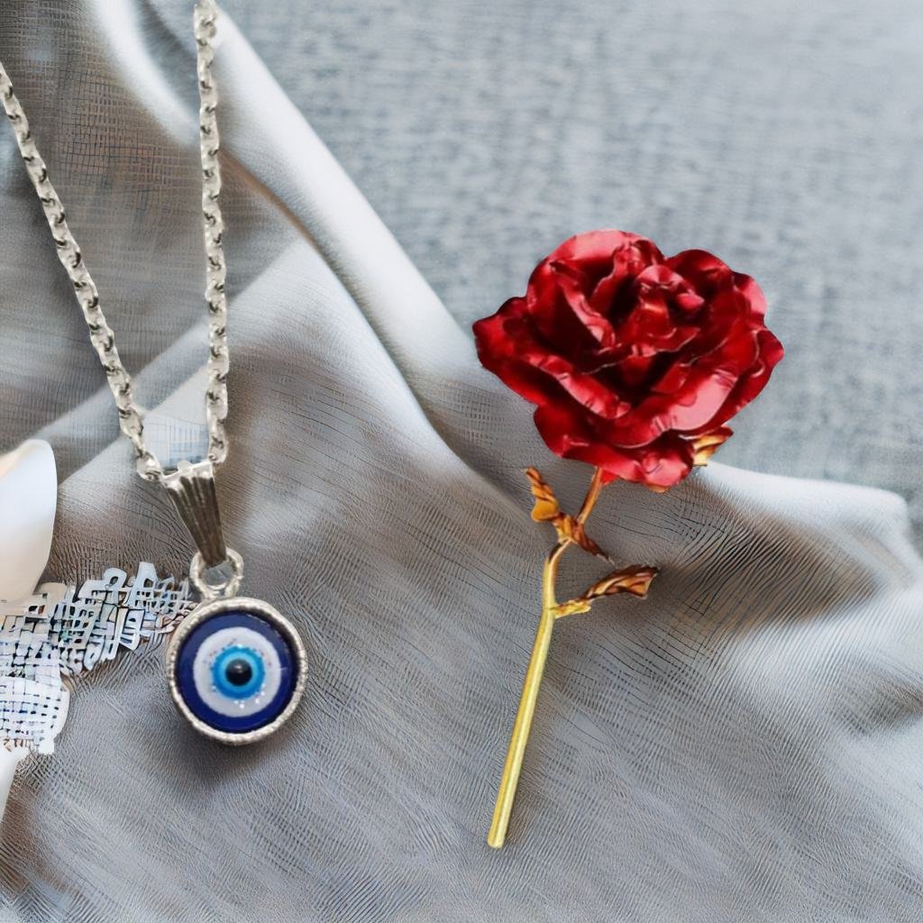 Evil Eye Pendant Chain & Red Rose Combo Set image 1