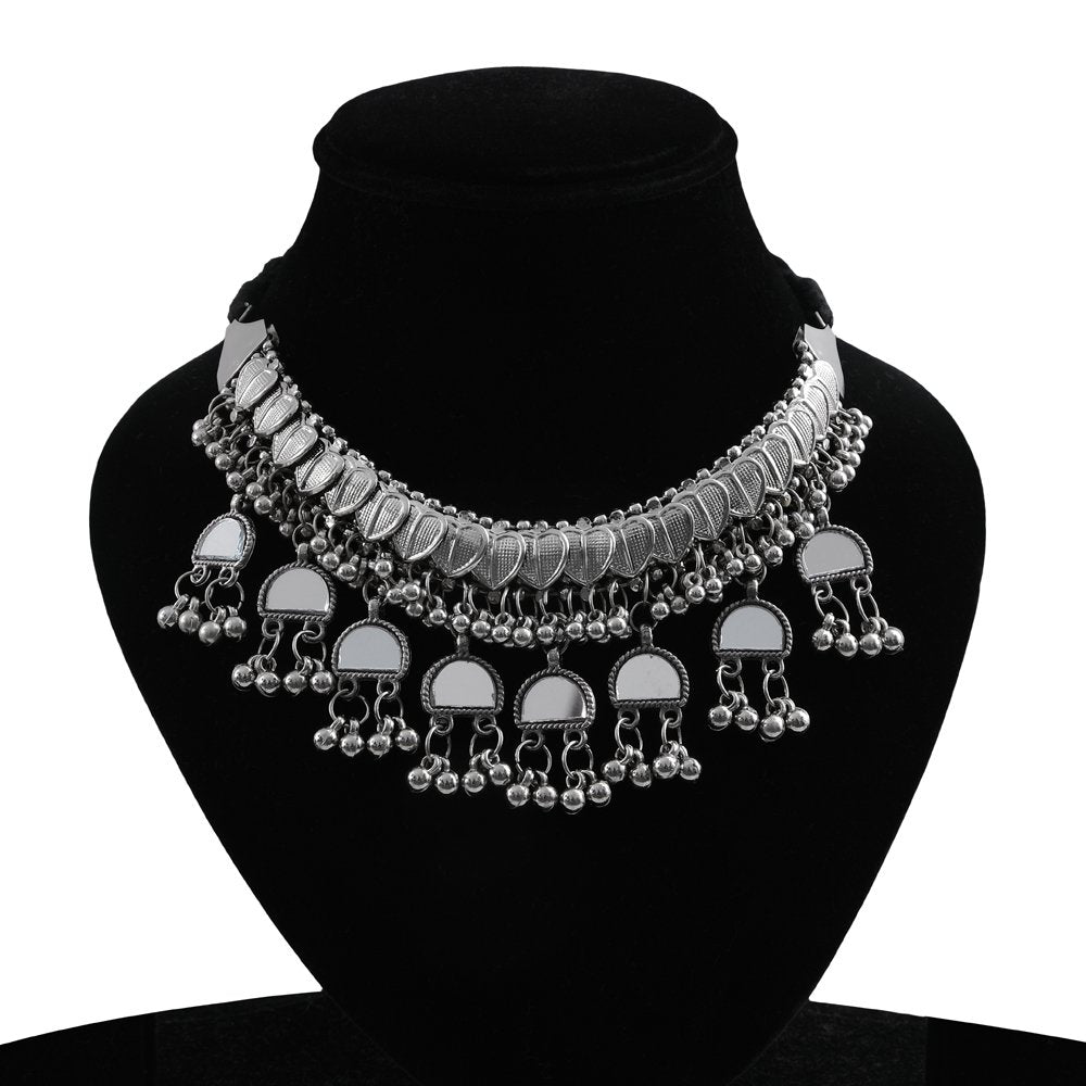 Oxidized Silver Mirror Ghunghroo Choker Necklace image 1