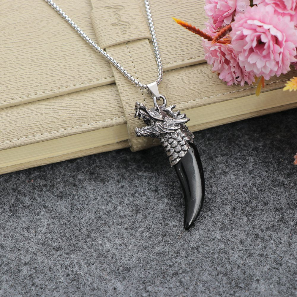 Oxidized Silver Dragon Head Pendant Chain Necklace image 1