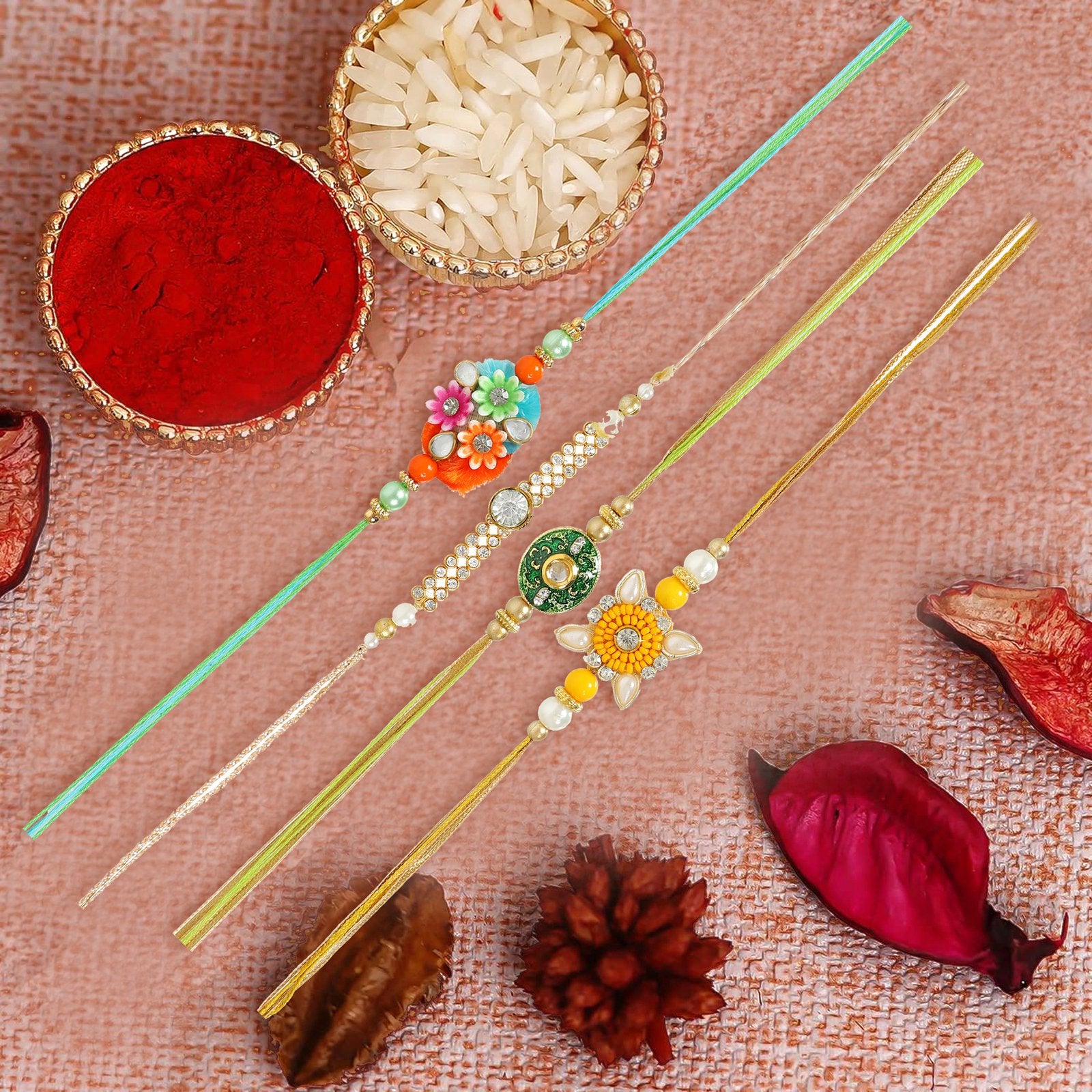 Set Of 4 Kundan Handcrafted raditonal Rakhi Combo Set For Brother image 0