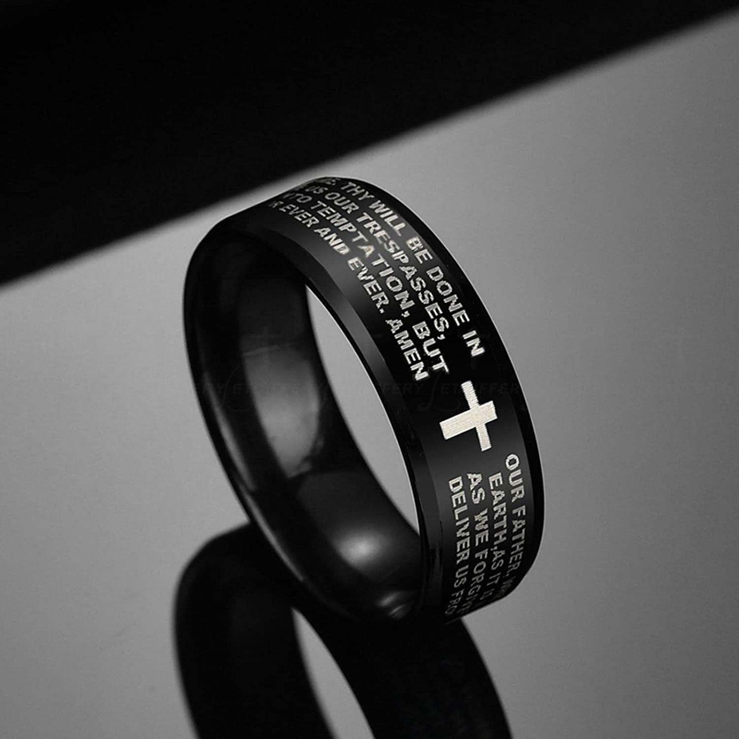 Men's Black Cross Ring with Lord's Prayer Engraving image 0