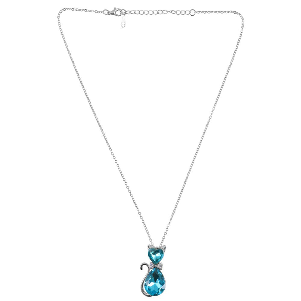 Silver-Tone Blue Crystal Kitty Teardrop Cat Chain Pendant Necklace for Women/Girls image 3