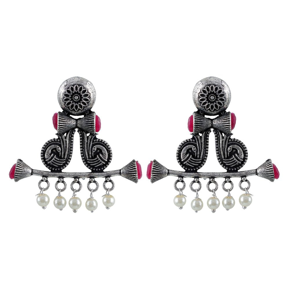 Oxidized Silver Peacock Drum Ball Pink Stone/White Pearl Earrings image 4