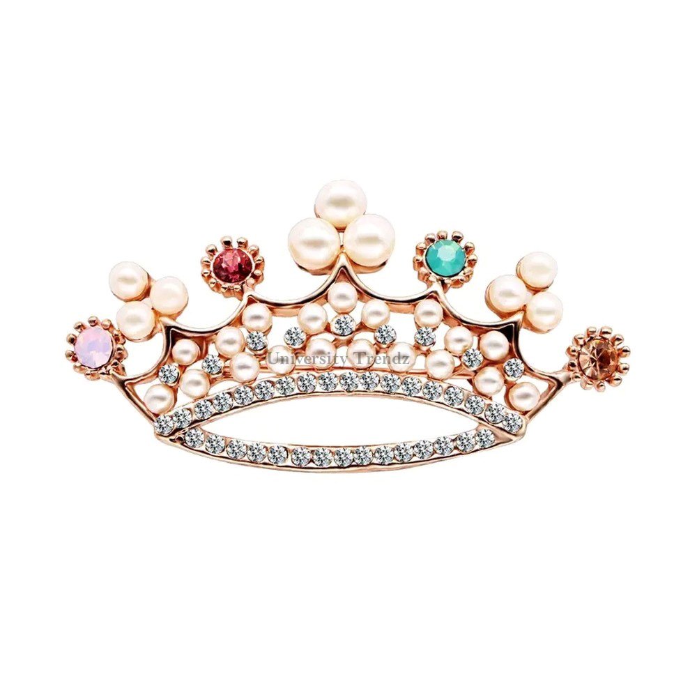 Gold-Plated Pearl/Stone Crown Brooch for Women/Girls image 3