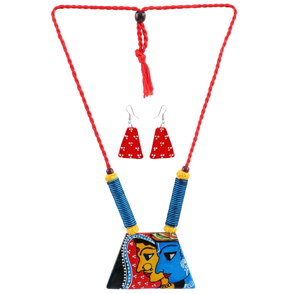 Hand-Painted Krishna-Radha Terracotta Fabric Jewellery Set image 3