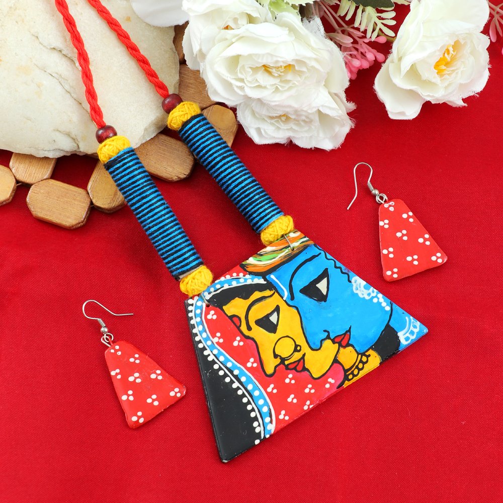 Hand-Painted Krishna-Radha Terracotta Fabric Jewellery Set image 1