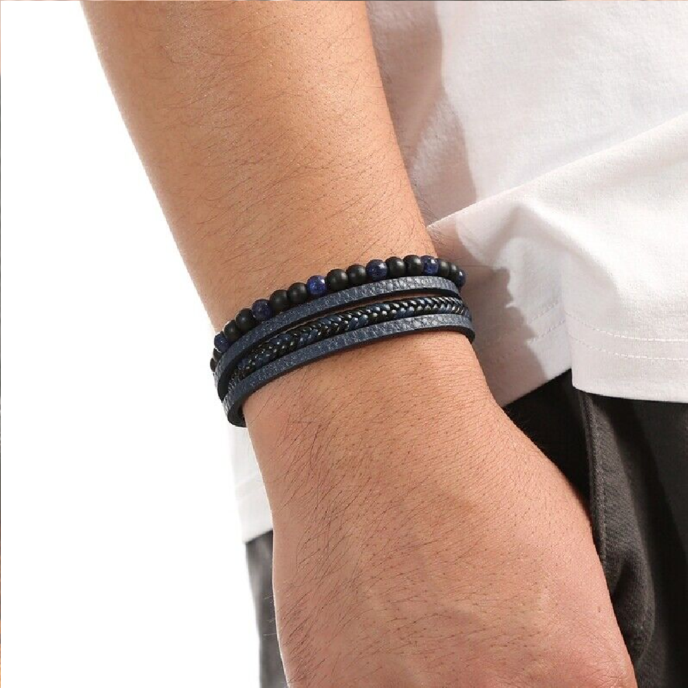 Bold Blue Leather Bracelet Black Beads for Men image 3