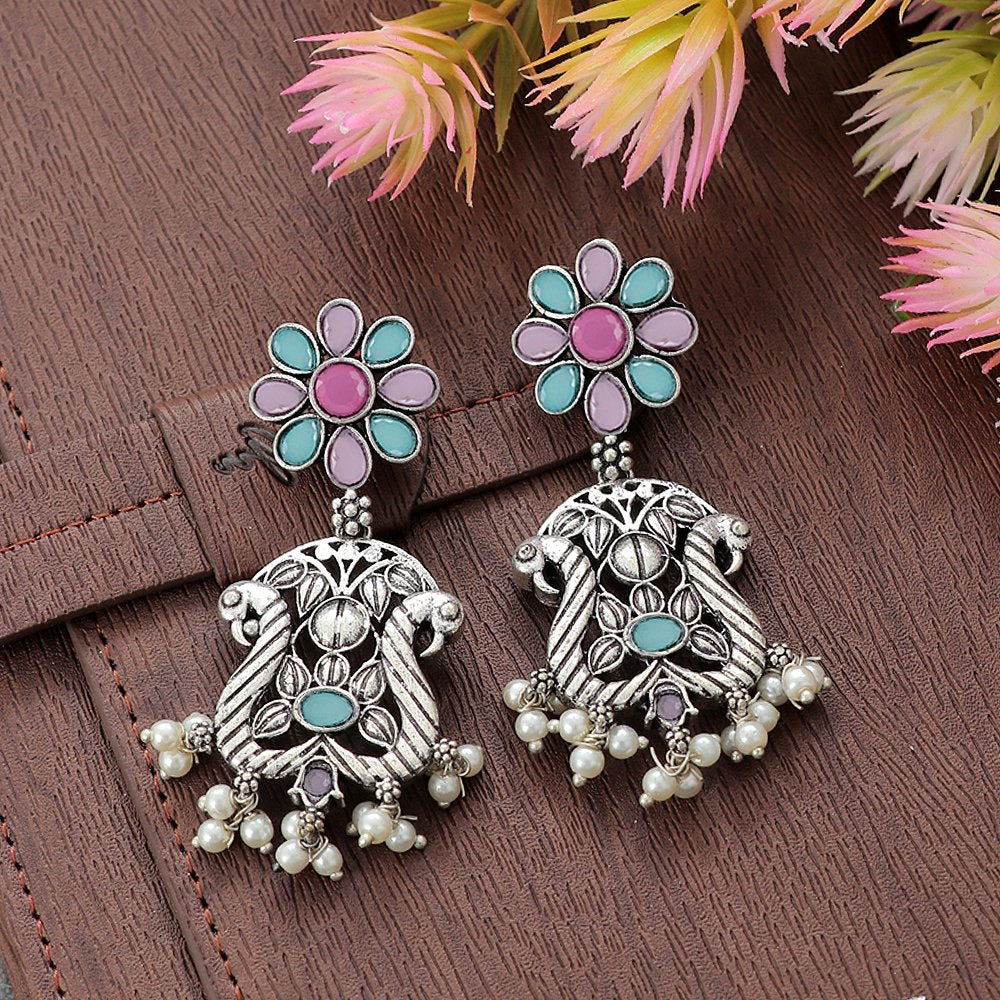 Oxidised Silver Pink & Sea Green Stone Peacock Earrings image 1