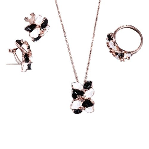 Gold-Tone Floral Black & White Pendant Jewellery Set image 3