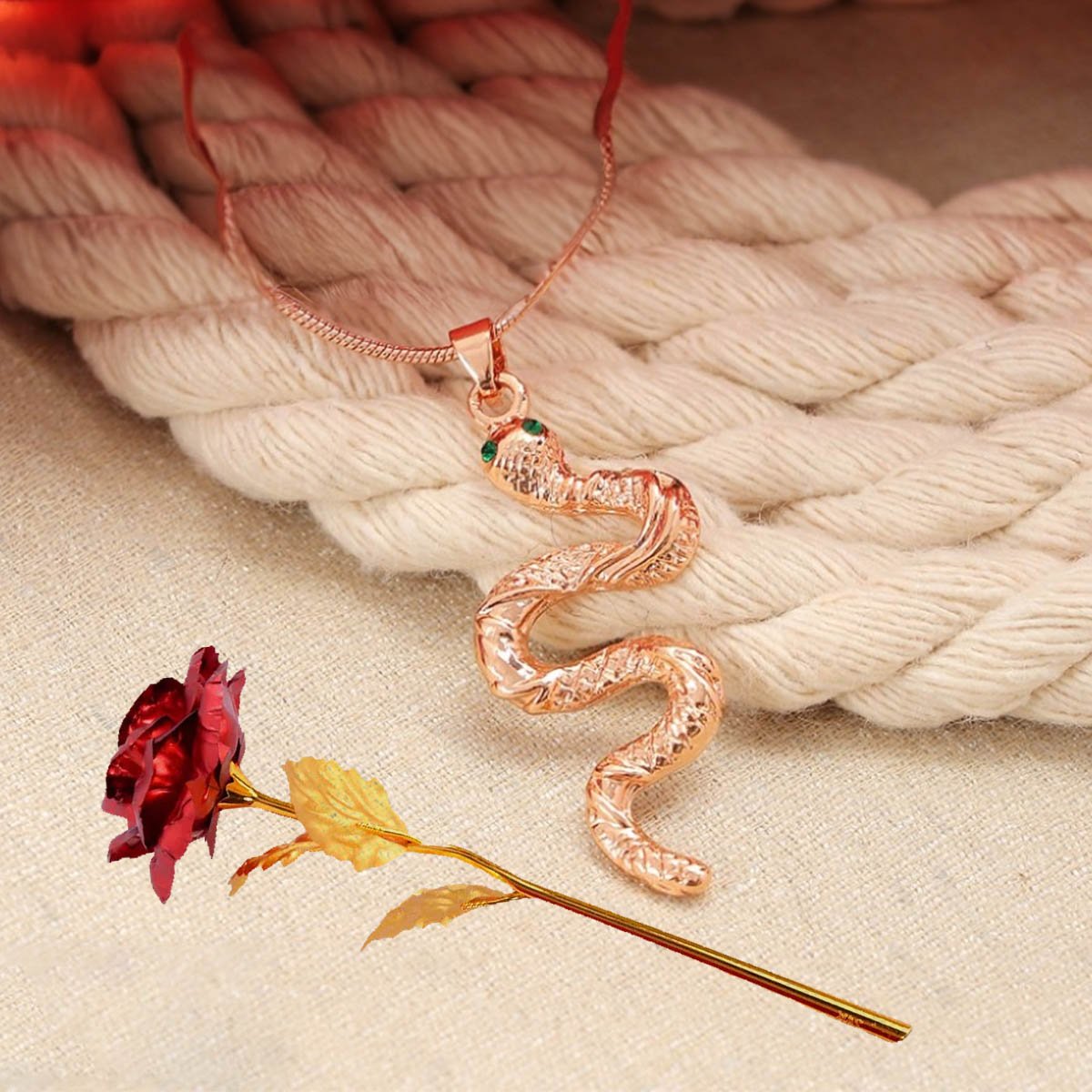 Valentine's Day Snake Pendant Chain & Red Rose Combo Set image 0
