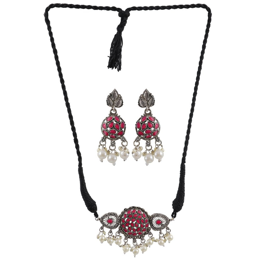 Oxidised Silver Pink Stone Pearl Beaded Jewellery Set image 1