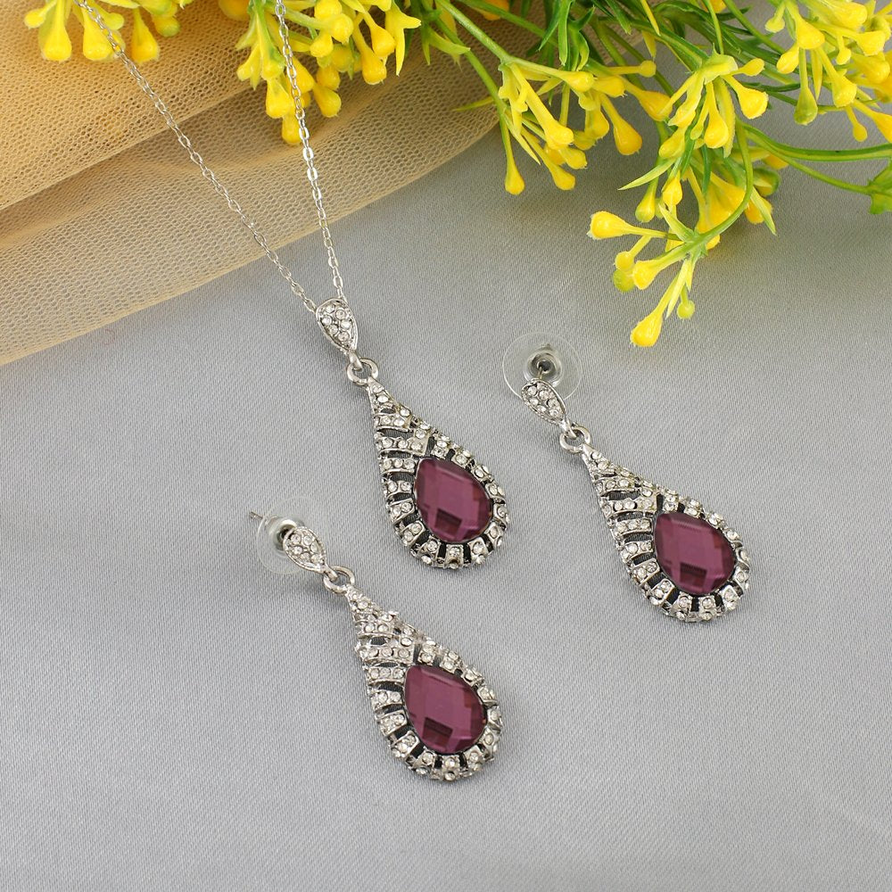 Silver-Plated Purple Crystal Retro Drop Necklace & Earring (Jewellery Set) image 0