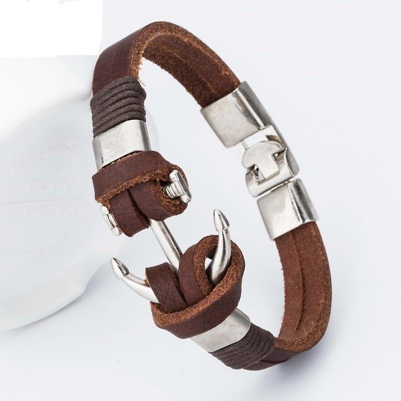 Unisex Silver-Plated Anchor Brown Leather Bracelet image 8