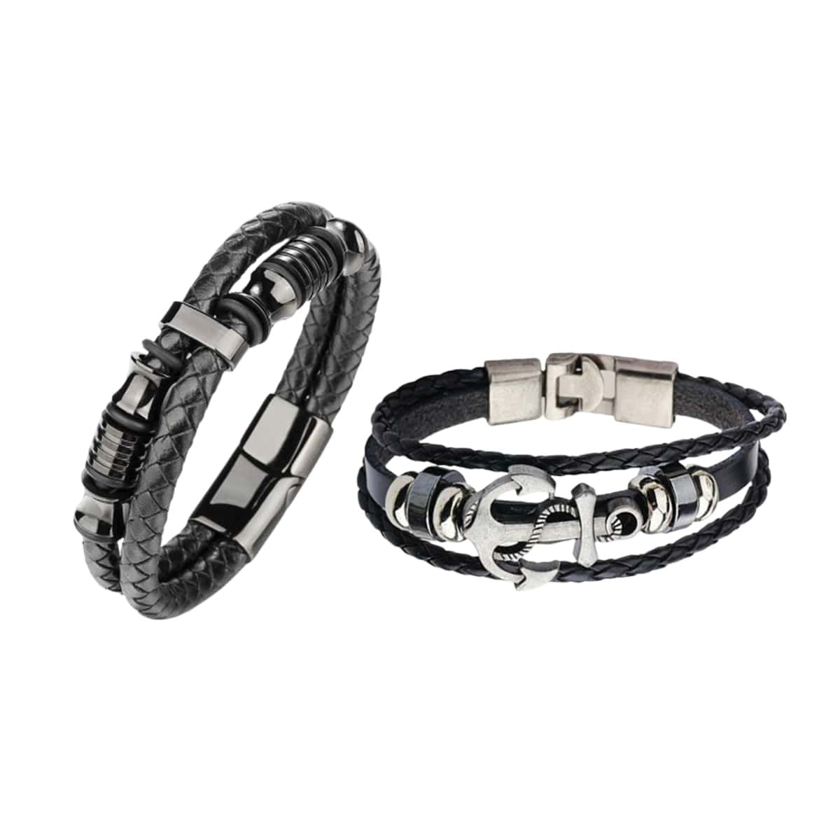 Men's Leather Silver-plated Black Bracelet Combo (Pack of 2) image 1