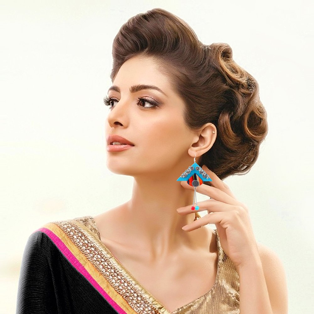 Coin Embellished Turquoise Blue Triangle Beaded Tassel Dangler Earrings image 1