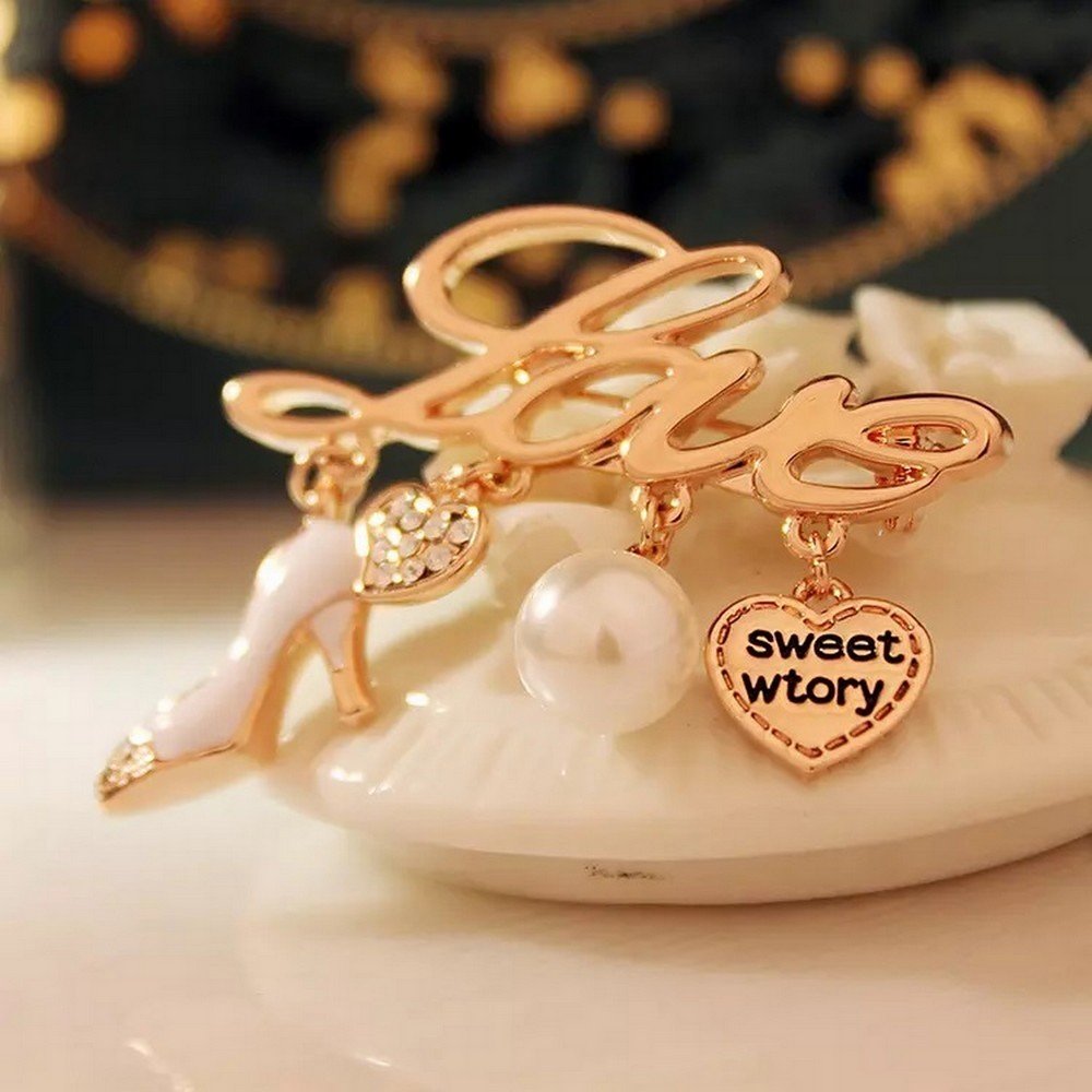 Gold-Plated Tassel Pearl/Heel Heart Love Brooch for Women/Girls image 1