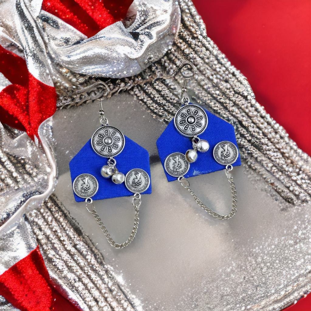 Royal Blue Fabric Chain String Dangler Earrings image 3