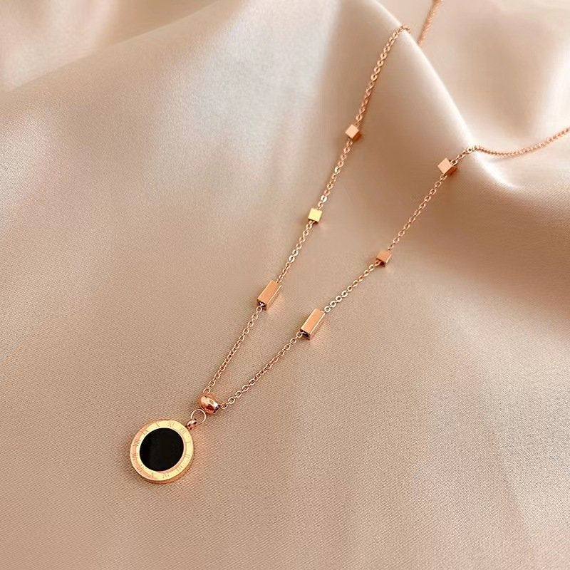 Gold-Plated Roman Clock Black Stone Pendant Necklace for Women/Girls image 0