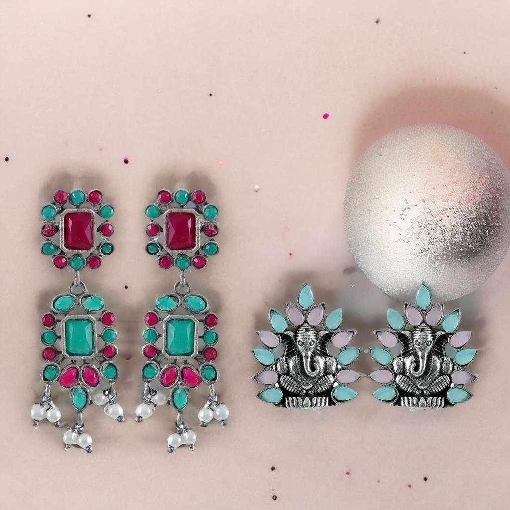 Oxidised Silver Drop & Dangler Ganesh Stud Earrings Combo Set image 1