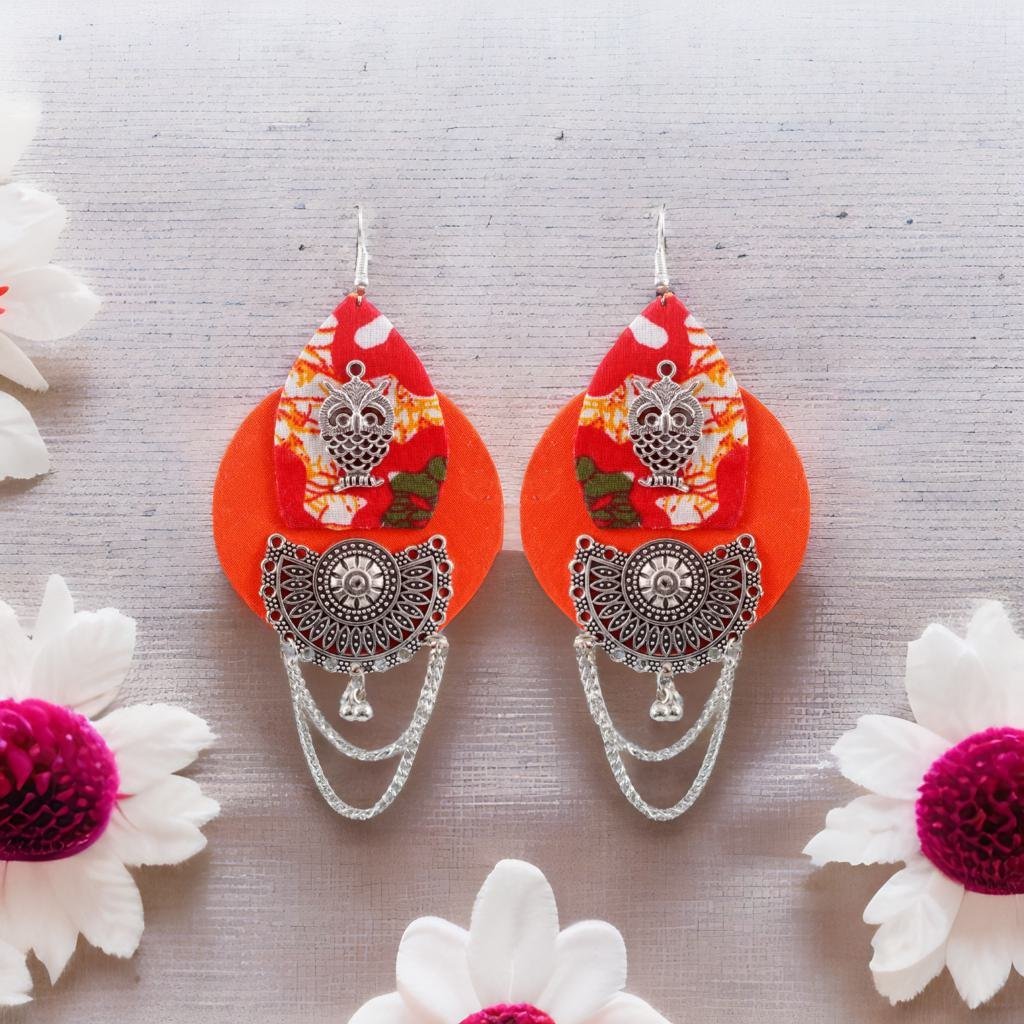 Handcrafted Orange Fabric Owl Pattern Dangler Earrings image 4
