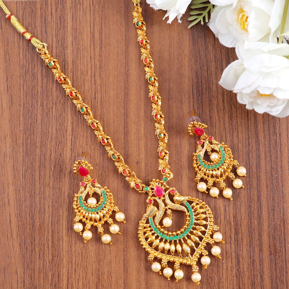 Gold-Plated Red & Green Stone Peacock Necklace Set image 0