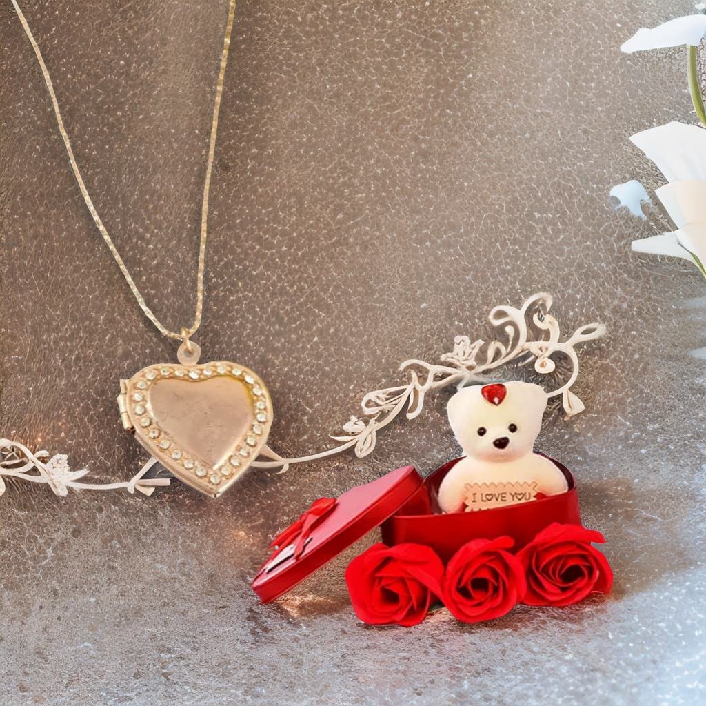 Heart Photo Frame Heart Pendant Chain & Red Teddy Bear Combo Gift Set image 0