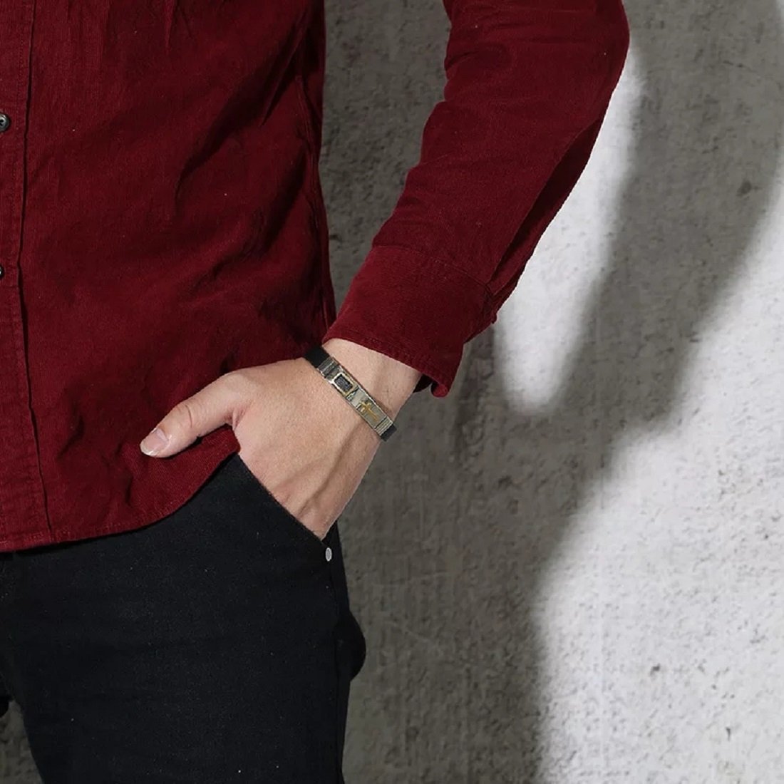 Stylish PU Black Leather Christian Cross Bracelet for Men image 2