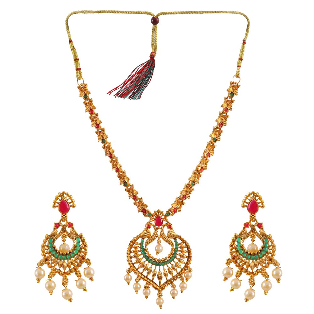 Gold-Plated Red & Green Stone Peacock Necklace Set image 1