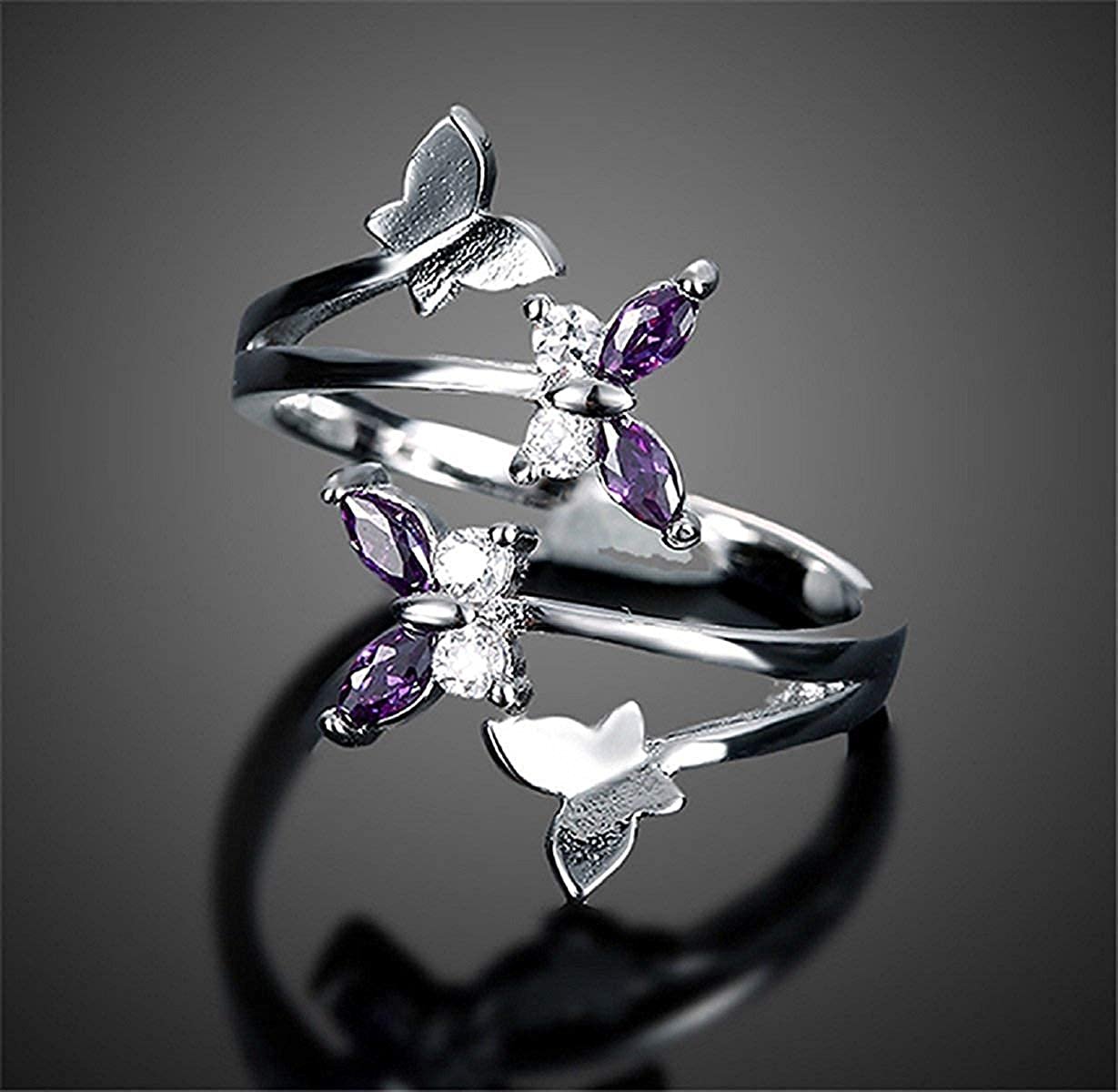 Elegant Silver-Plated Purple Crystal Butterfly Ring image 0
