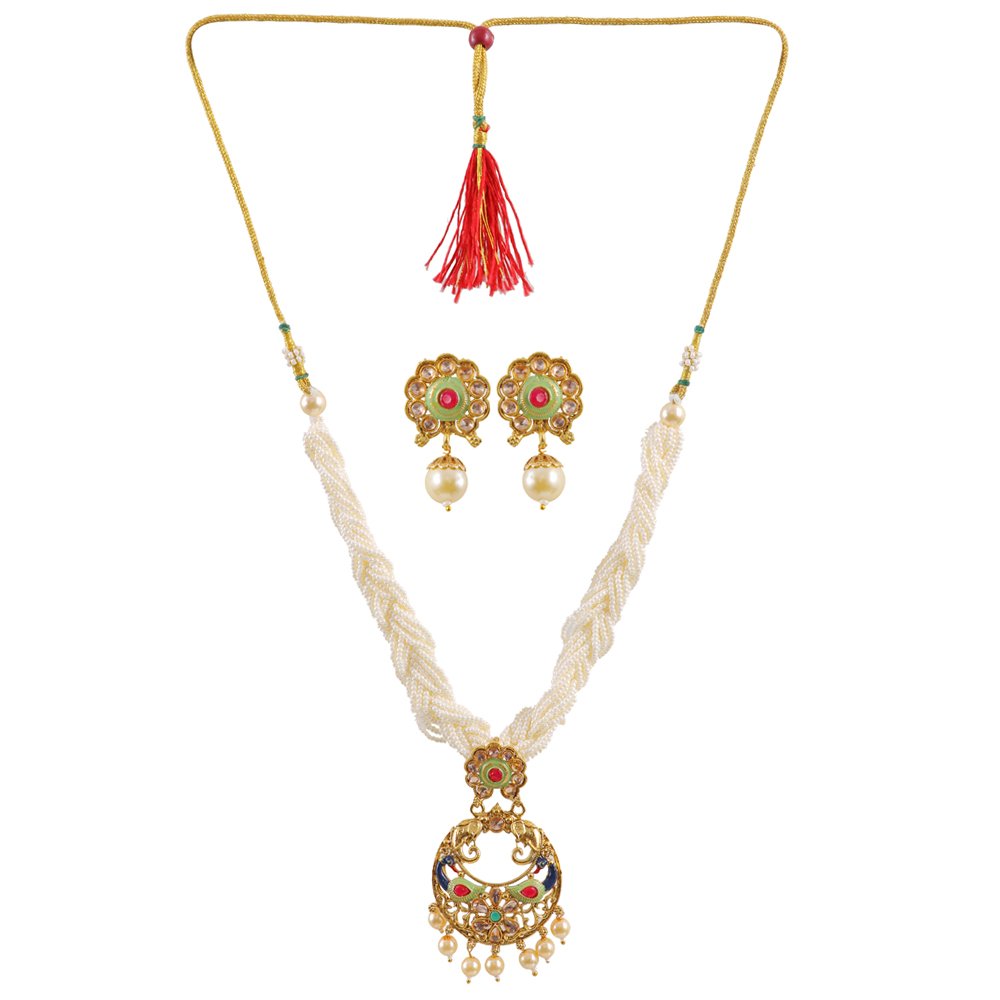 Gold-Toned Studded White Pearl Beaded Meenakari Jewellery Set image 1