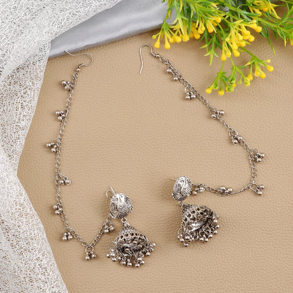 Traditional Silver-Plated Earchain Jhumka Earrings image 2