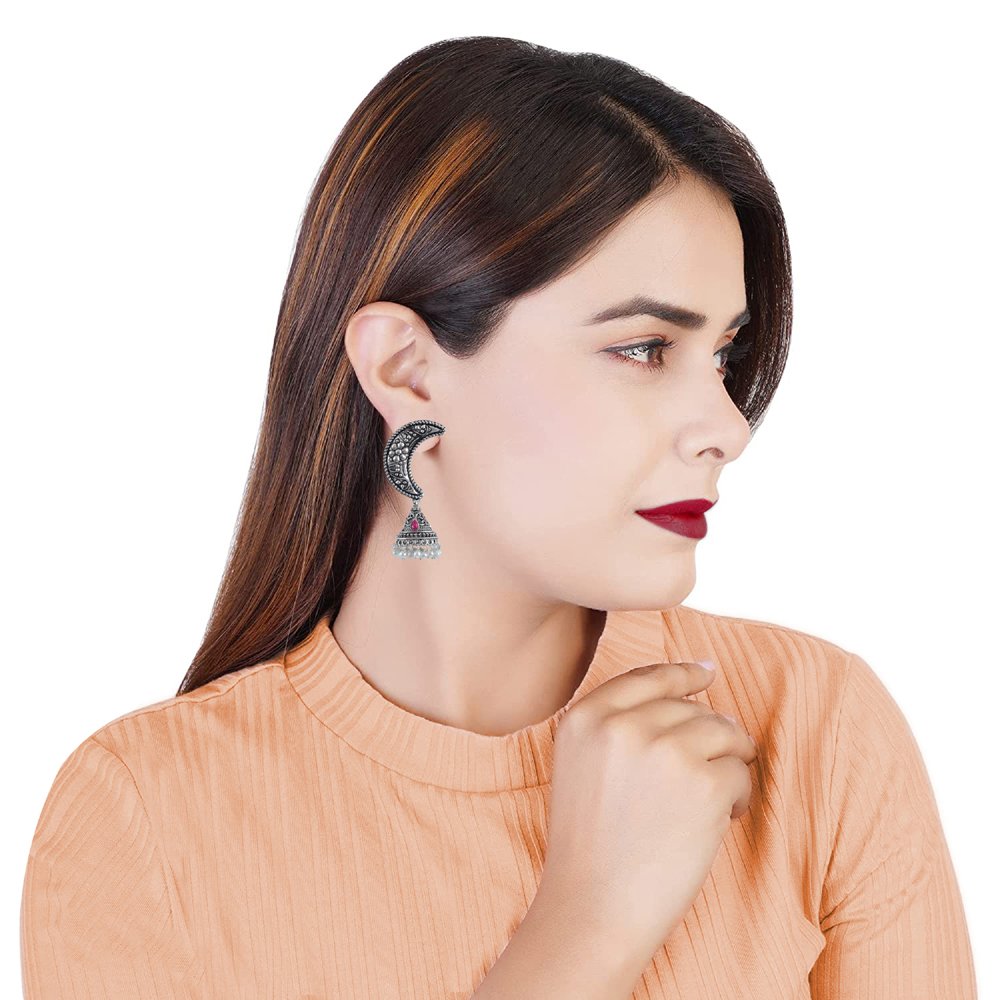 Oxidised Silver Half Moon Pink Stone Jhumka Earrings image 1