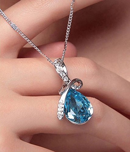 Elegant Silver-Plated Blue Crystal Water-Drop Pendant Necklace for Women/Girls image 1