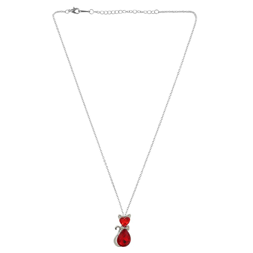 Silver-Plated Red Crystal Cat Pendant Necklace image 3