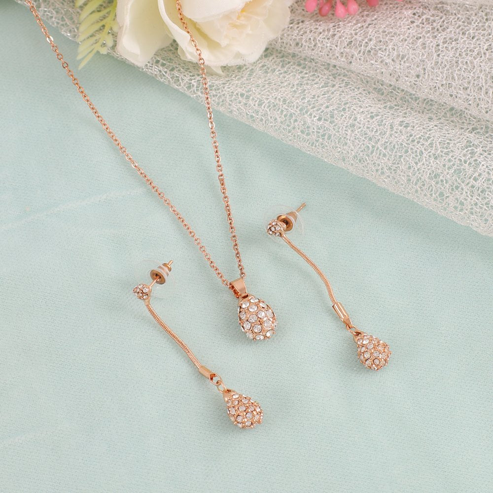 Gold-Plated Korean Design Cubic Zirconia Chain Pendant Necklace& Earring Set image 0