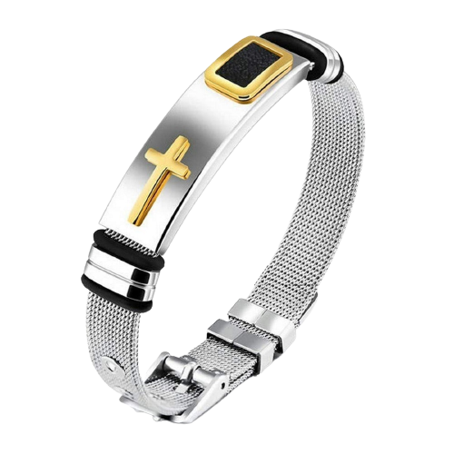 Men's Silver-Plated Mesh Cross Engraved Gold Raised Bracelet image 3
